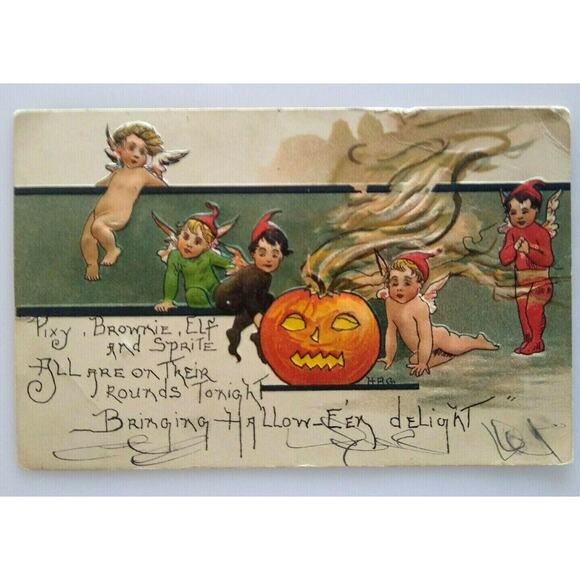 Halloween Postcard HBG HB Griggs Pixies Elves Brownies Fantasy Ann Arbor Germany - Picture 2 of 6